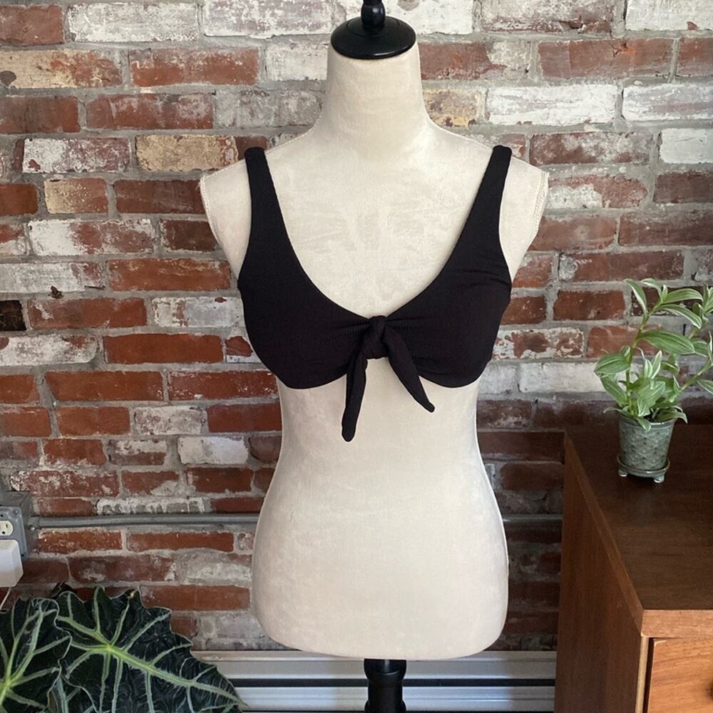 Zaful Black Faux Tie Front Ribbed Bikini Top Size S
